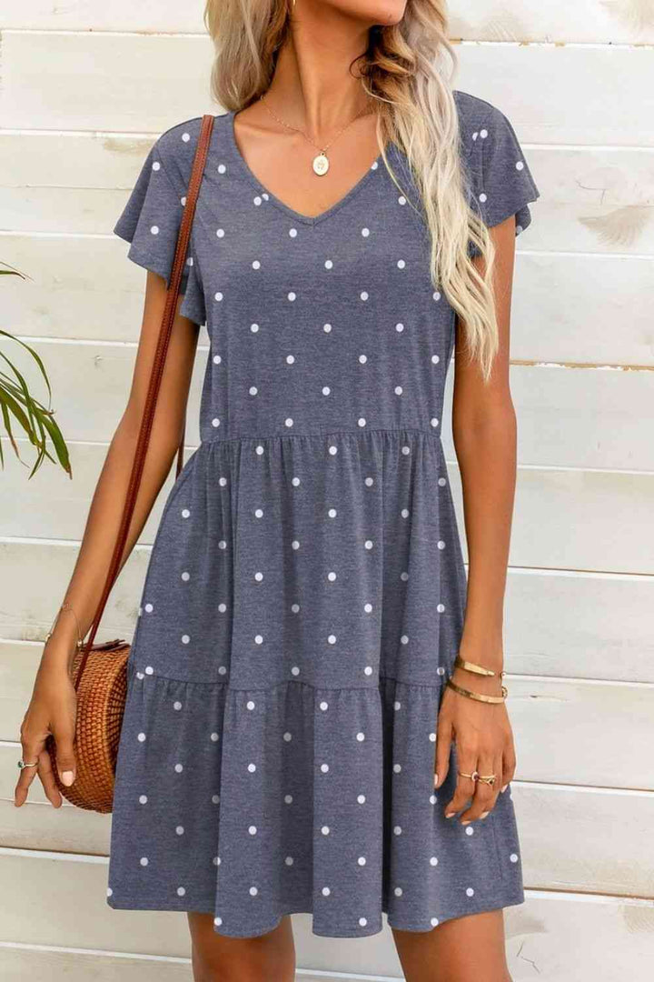 Polka Dot V-Neck Flutter Sleeve Mini Dress |1mrk.com