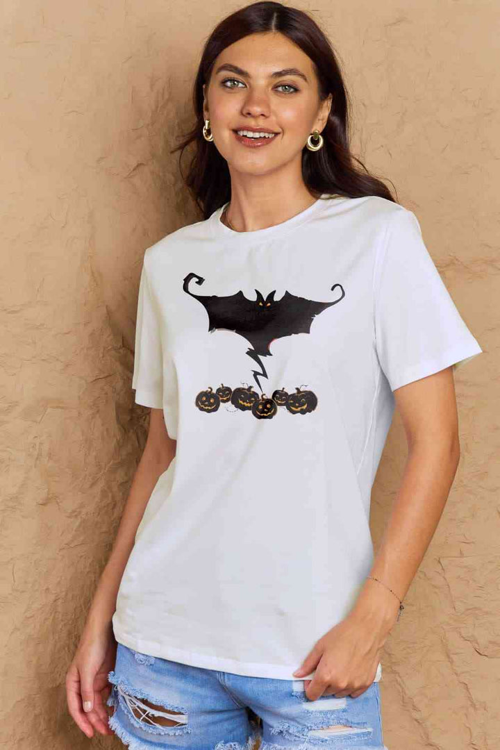 Simply Love Full Size Bat & Pumpkin Graphic Cotton T-Shirt | 1mrk.com