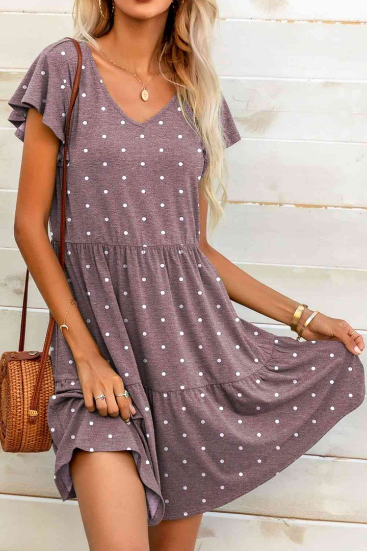 Polka Dot V-Neck Flutter Sleeve Mini Dress |1mrk.com