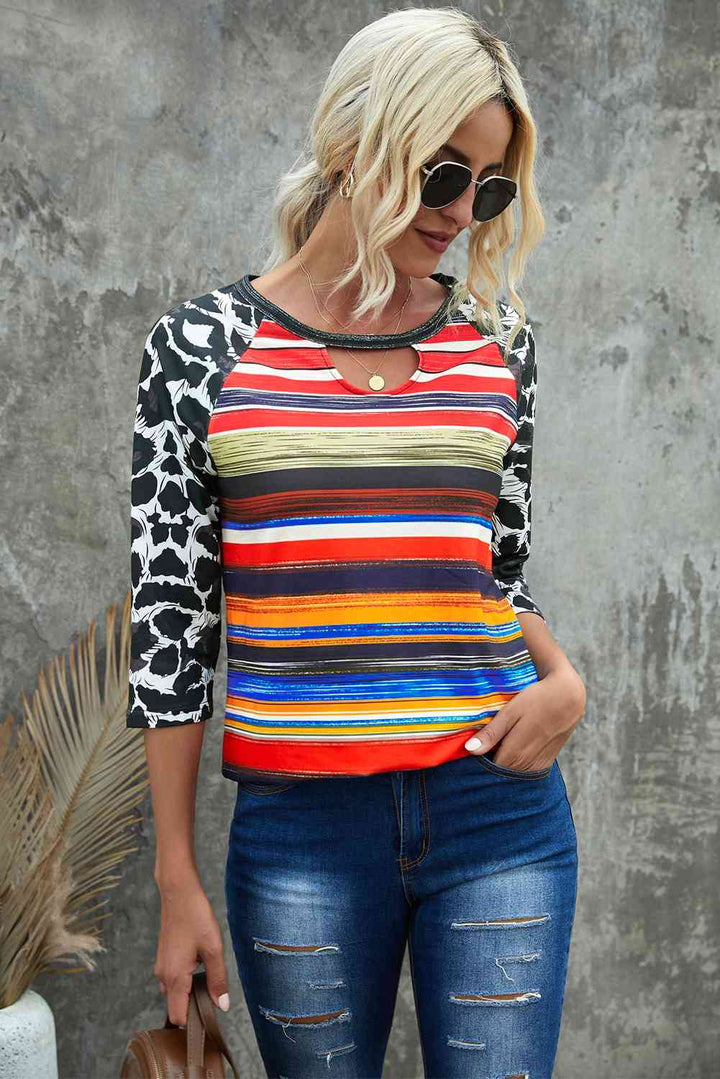 Mixed Print Cutout Three-Quarter Sleeve Top | 1mrk.com