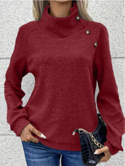 Buttoned Mock Neck Long Sleeve Sweatshirt |1mrk.com