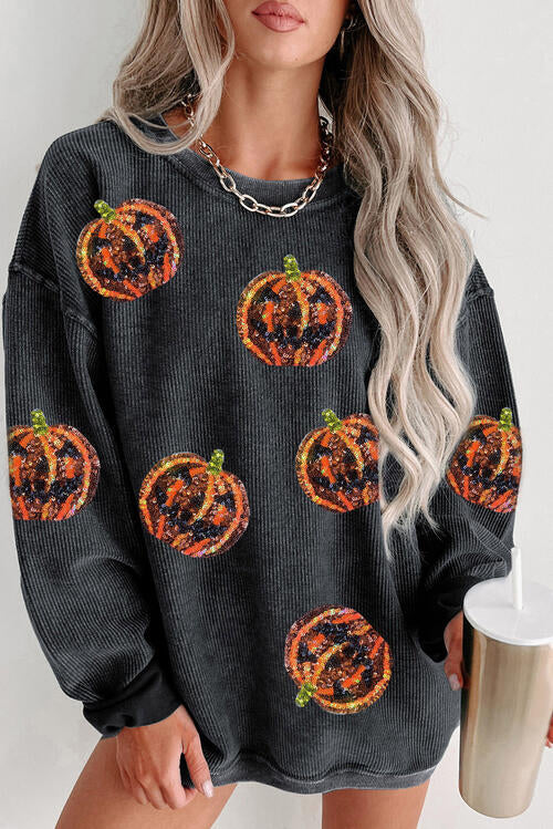 Sequin Patch Pumpkin Round Neck Sweatshirt |1mrk.com