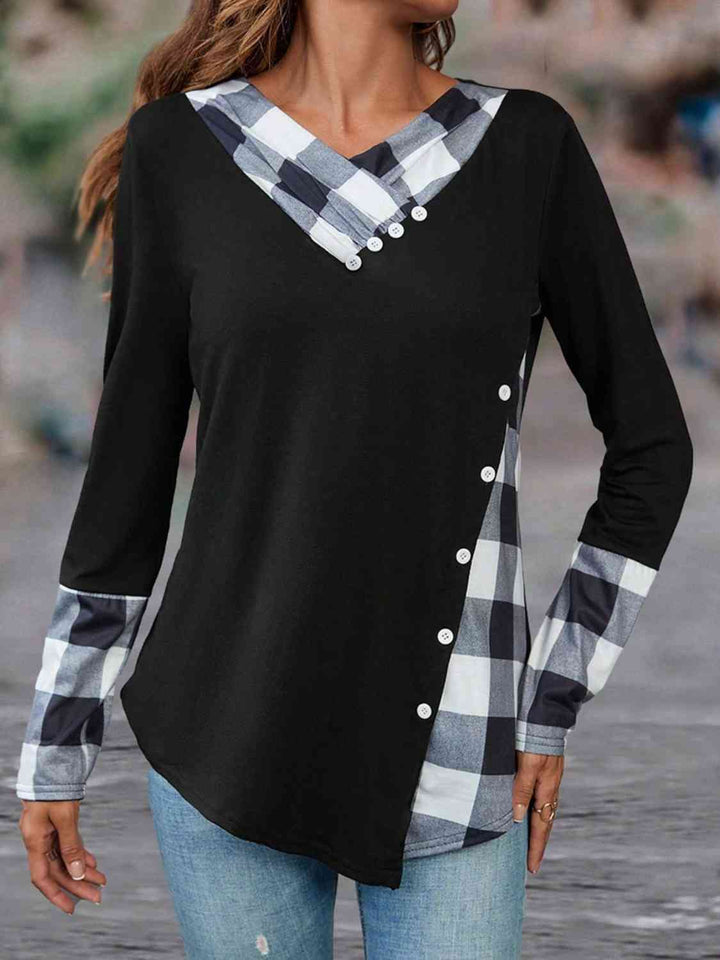 Plaid V-Neck Decorative Button Top | 1mrk.com