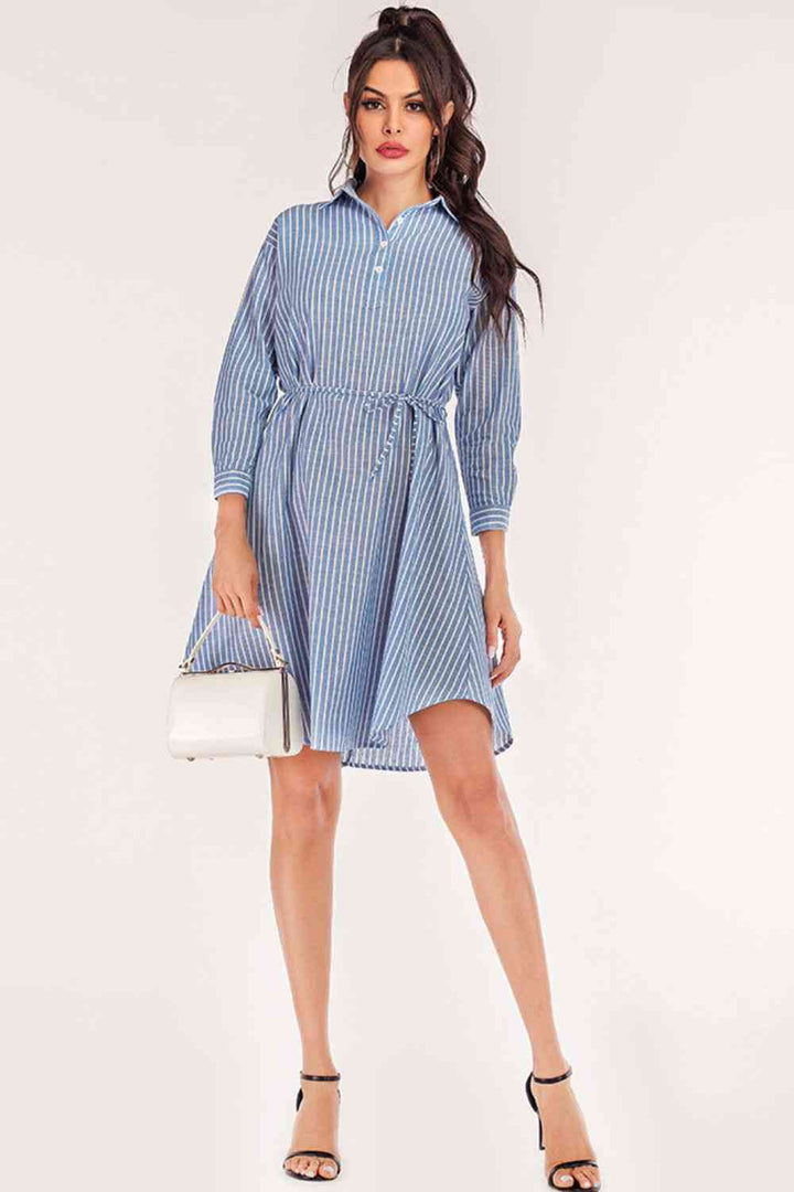 Full Size Striped Quarter-Button Roll-Tab Sleeve Shirt Dress |1mrk.com