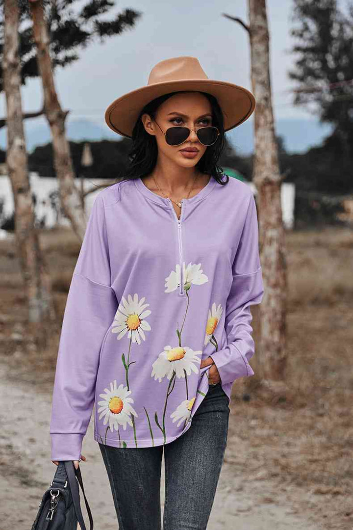 Floral Print Long Sleeve Zipper Front Sweatshirt |1mrk.com