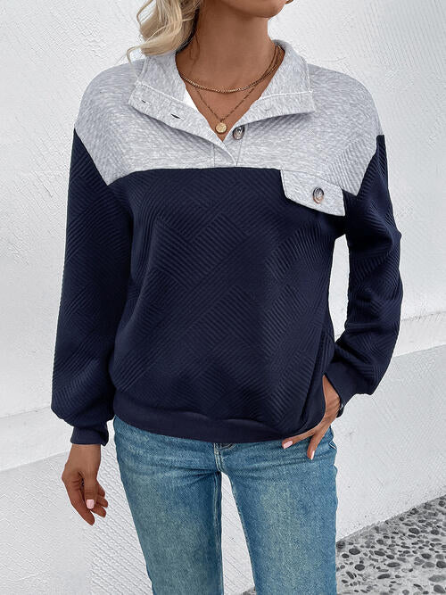 Textured Contrast Half Button Sweatshirt |1mrk.com