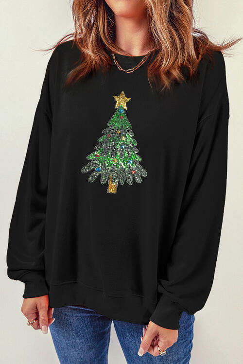 Sequin Christmas Tree Long Sleeve Sweatshirt |1mrk.com