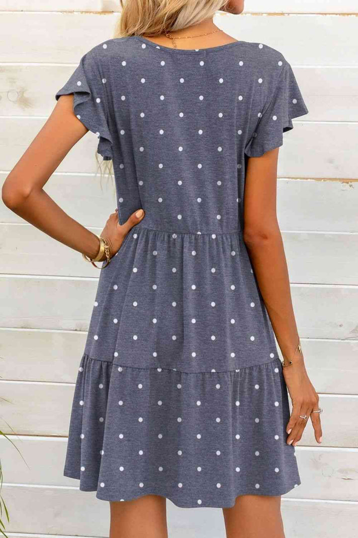 Polka Dot V-Neck Flutter Sleeve Mini Dress |1mrk.com