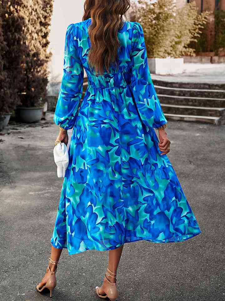 Printed V-Neck Long Sleeve Midi Dress |1mrk.com