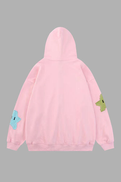 Star Drawstring Zip Up Dropped Shoulder Hoodie | Trendsi