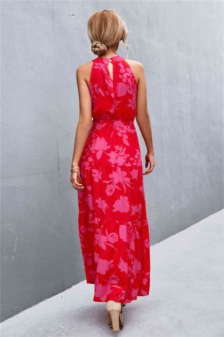 Printed Sleeveless Tie Waist Maxi Dress |1mrk.com