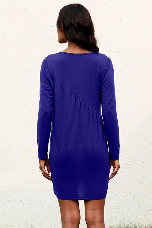 Ruched Round Neck Long Sleeve Dress | 1mrk.com