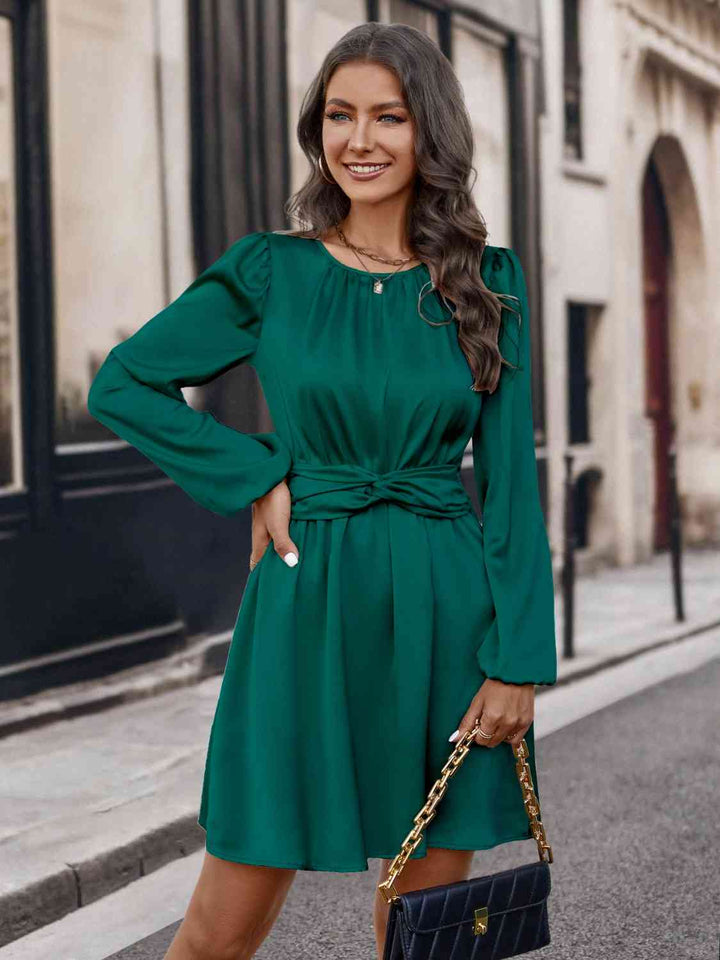 Twisted Round Neck Long Sleeve Dress | 1mrk.com