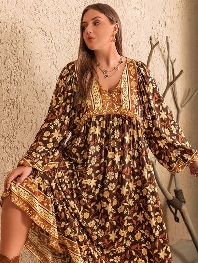 Plus Size Printed V-Neck Balloon Sleeve Dress |1mrk.com