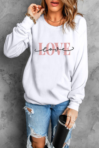 LOVE Round Neck Dropped Shoulder Sweatshirt | Trendsi