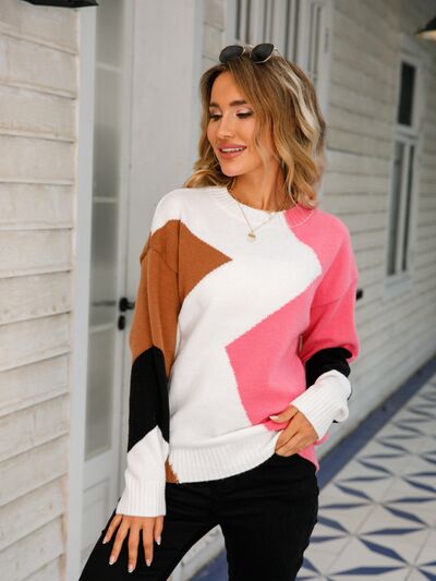 Color Block Round Neck Dropped Shoulder Sweater |1mrk.com