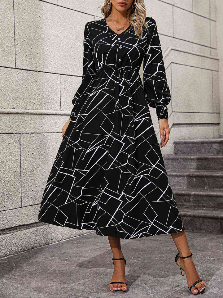 Geometric V-Neck Lantern Sleeve Dress | 1mrk.com