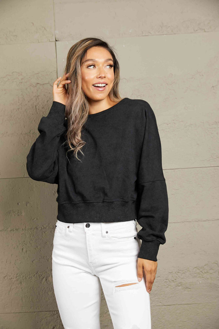 Double Take Round Neck Open Back Sweatshirt |1mrk.com