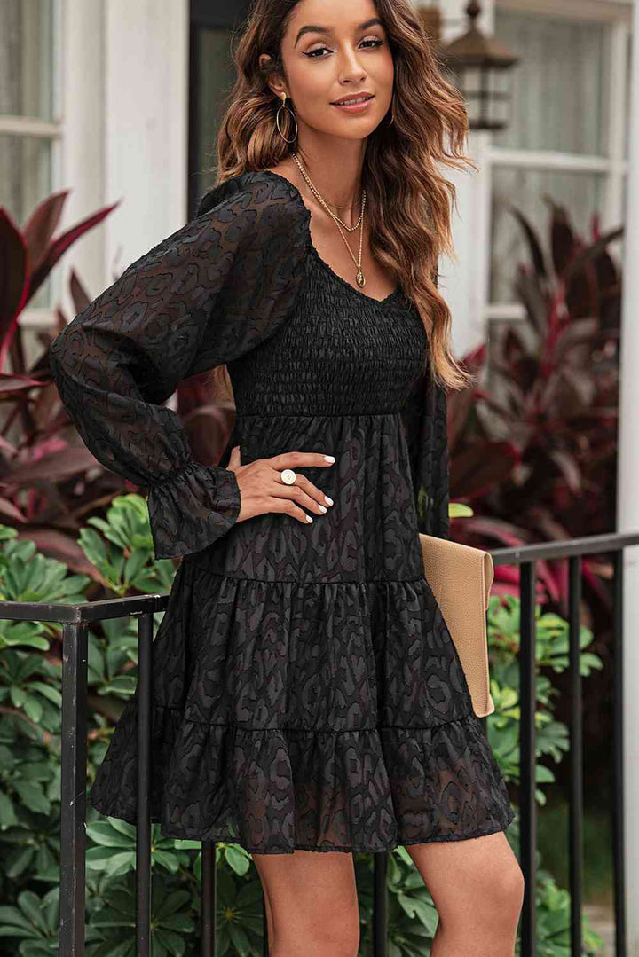 Leopard Applique Flounce Sleeve Smocked Tiered Dress |1mrk.com