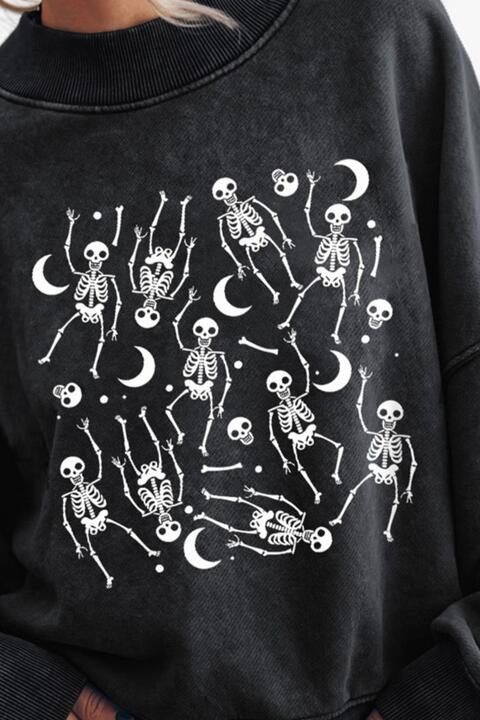 Skeleton Graphic Round Neck Long Sleeve Sweatshirt |1mrk.com