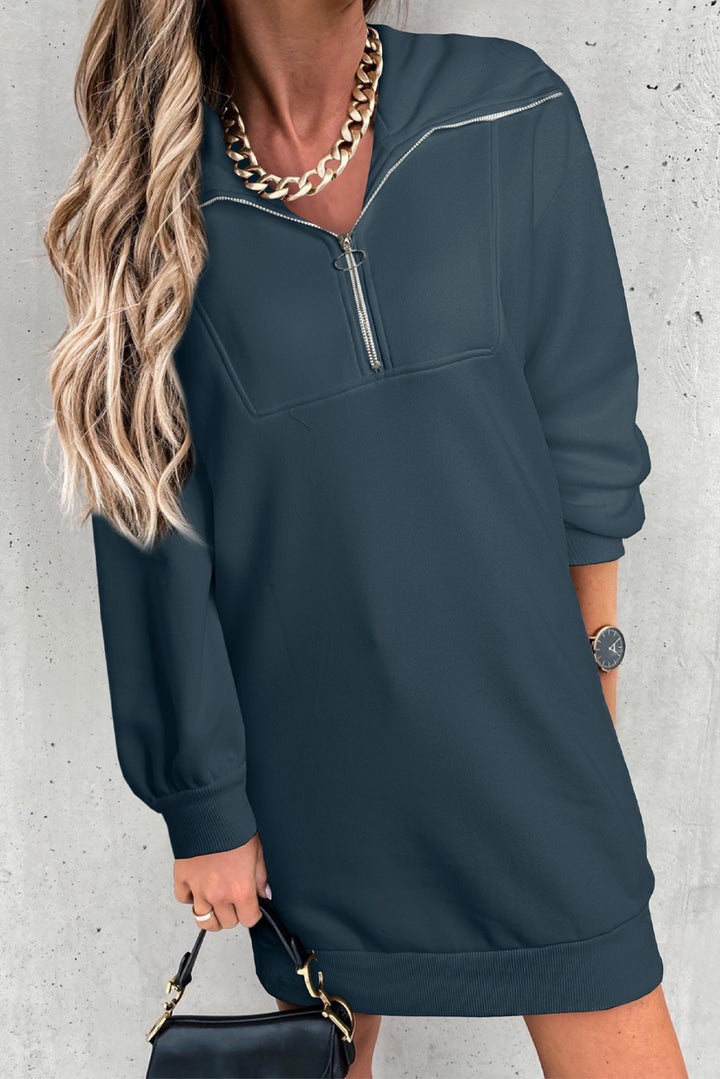 Half Zip Dropped Shoulder Mini Sweatshirt Dress | Trendsi