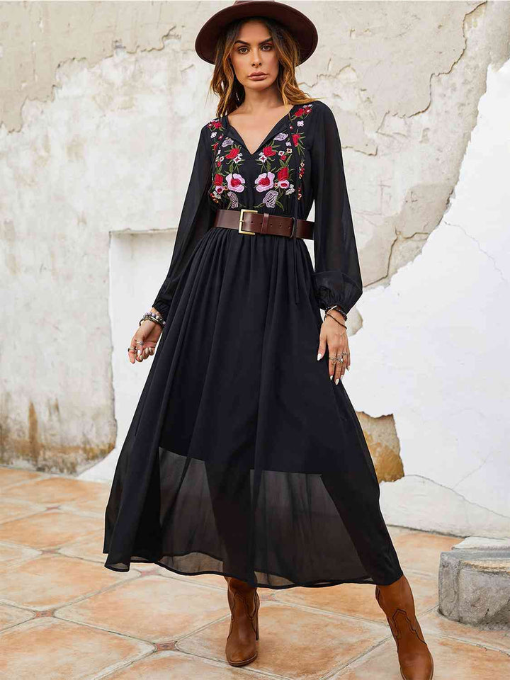 Flower Tie Neck Balloon Sleeve Dress |1mrk.com