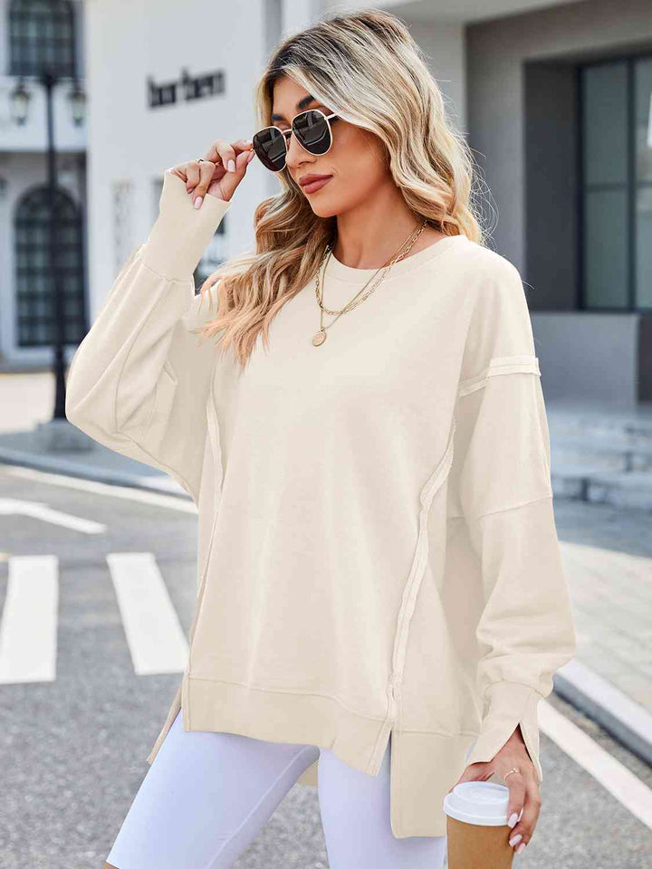 Exposed Seam High-Low Round Neck Sweatshirt |1mrk.com