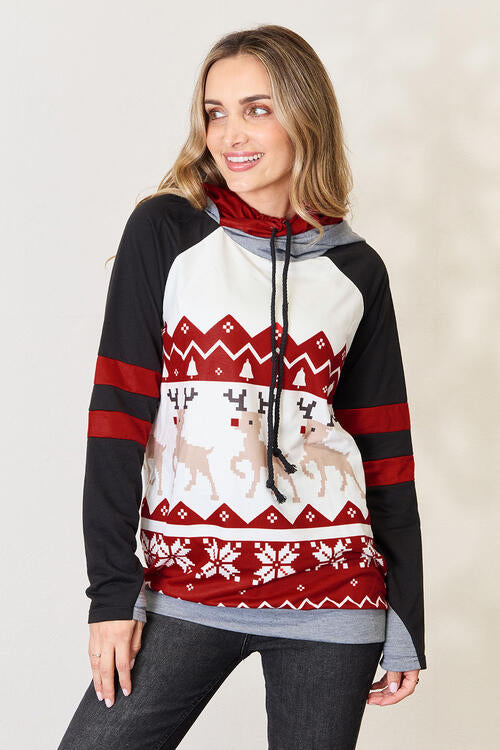 Double Take Full Size Christmas Drawstring Long Sleeve Hoodie | 1mrk.com