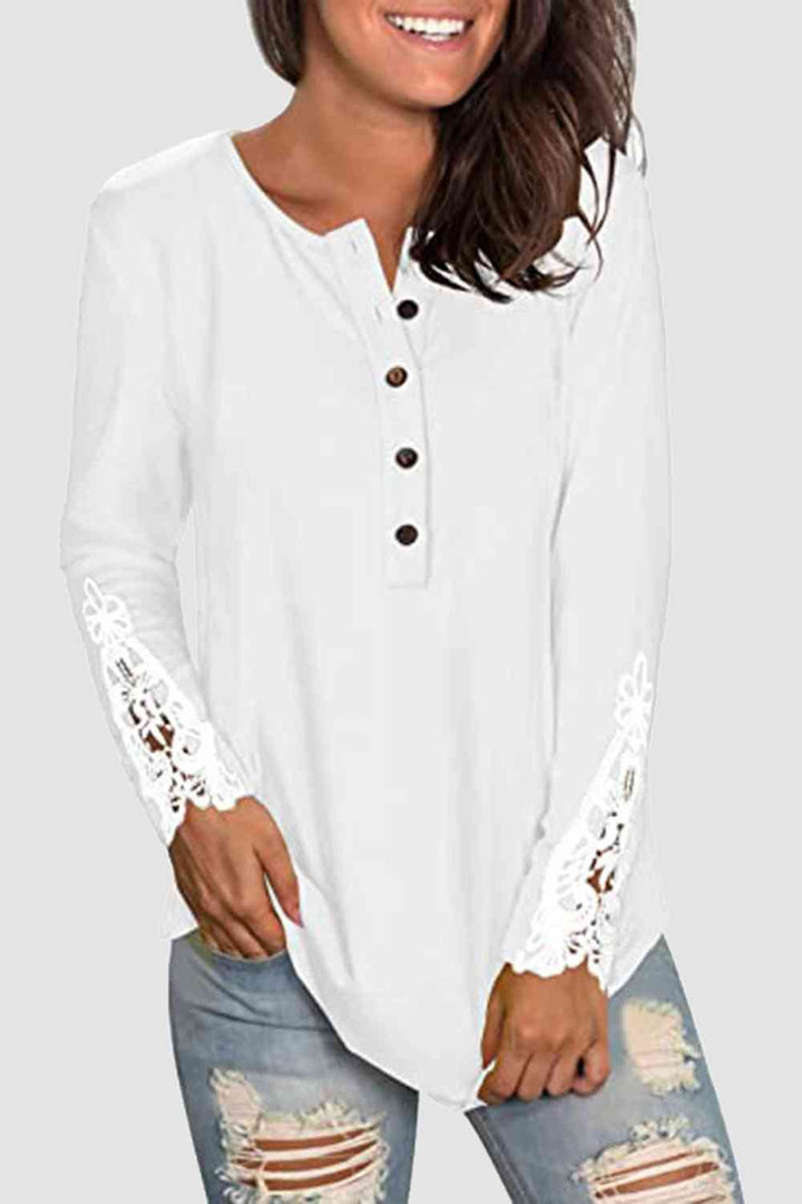 Lace Detail Button Front T-Shirt | 1mrk.com