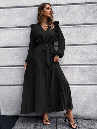 Pleated Surplice Tie Waist Maxi Dress |1mrk.com