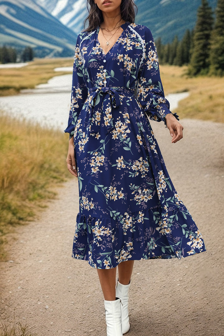 Printed Notched Lantern Sleeve Midi Dress | Trendsi