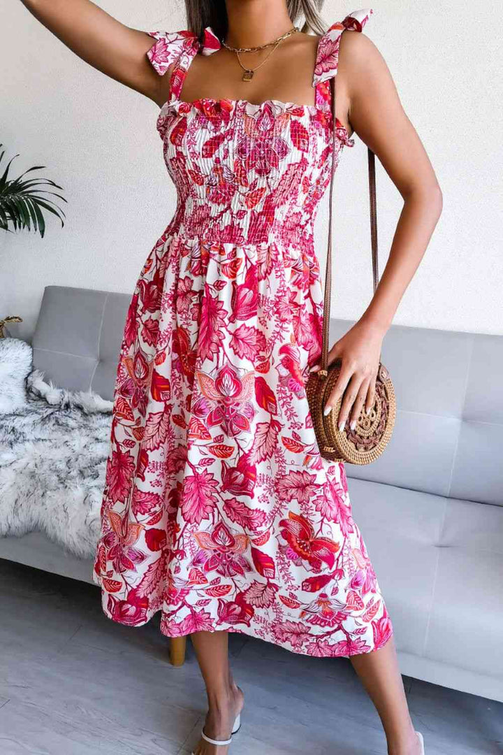 Floral Tie Shoulder Smocked Midi Dress |1mrk.com