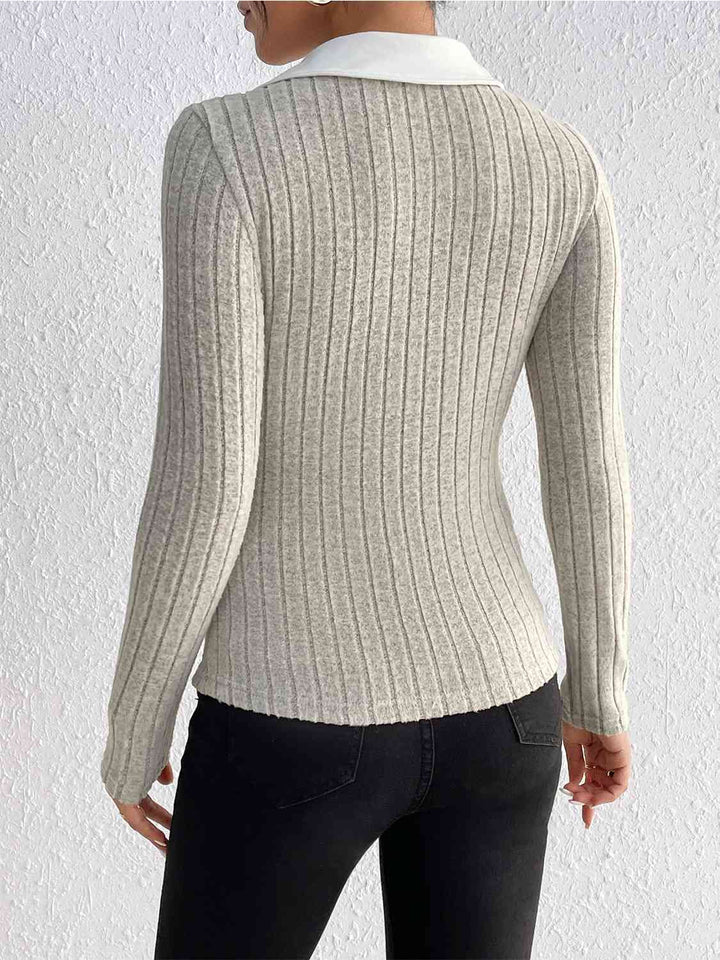 Ribbed Johnny Collar Long Sleeve Blouse |1mrk.com