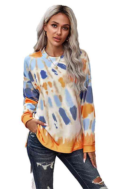 Tie-Dye Side Slit Long Sleeve Top |1mrk.com