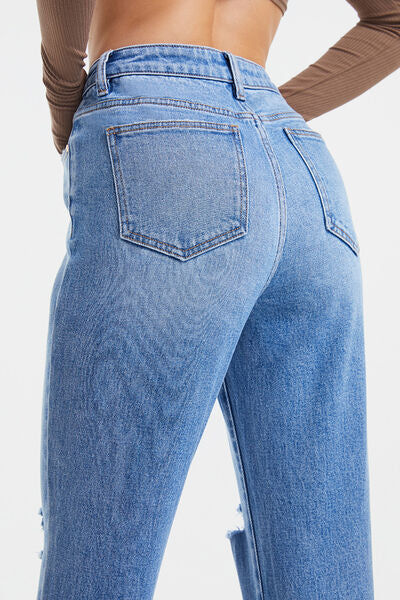 BAYEAS High Waist Distressed Cat's Whiskers Washed Straight Jeans |1mrk.com