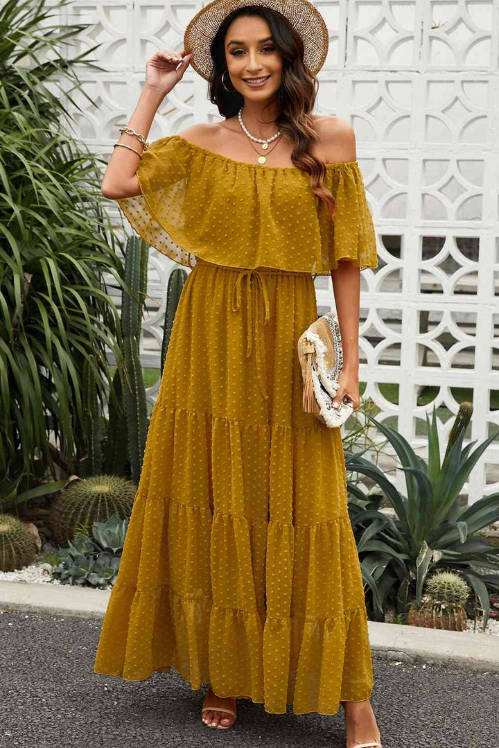 Swiss Dot Off-Shoulder Tiered Maxi Dress |1mrk.com