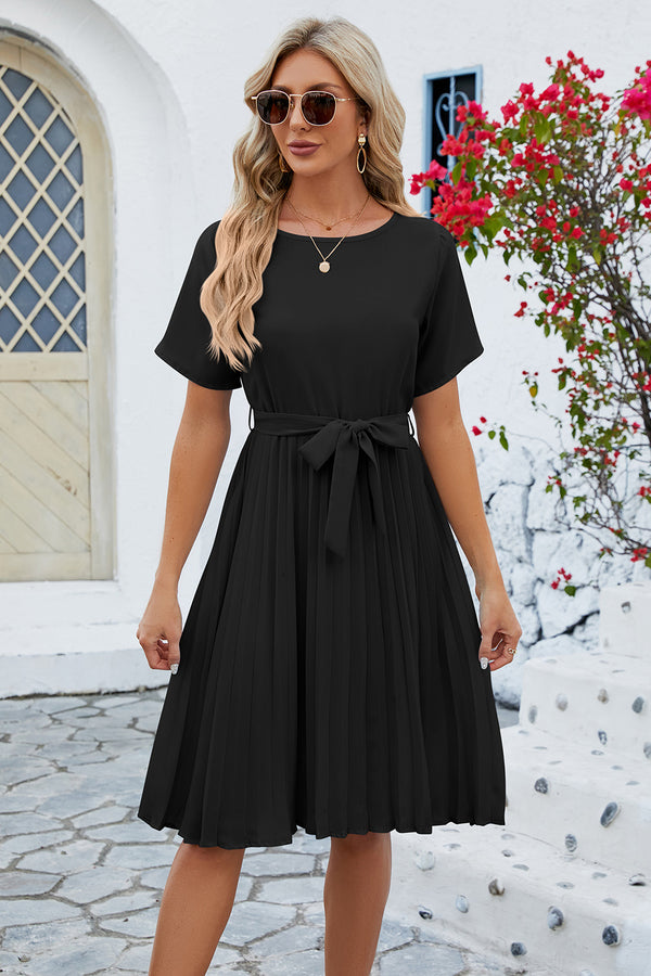 Pleated Tie Waist Short Sleeve Dress | Trendsi