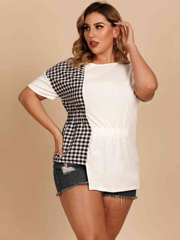 Plus Size Gingham Color Block Asymmetrical T-Shirt | 1mrk.com