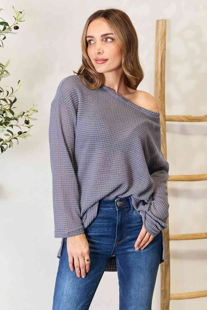 Basic Bae Waffle-Knit Round Neck Long Sleeve Slit Sweatshirt |1mrk.com