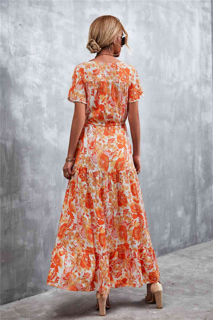 Floral Buttoned Drawstring Waist Tiered Dress |1mrk.com