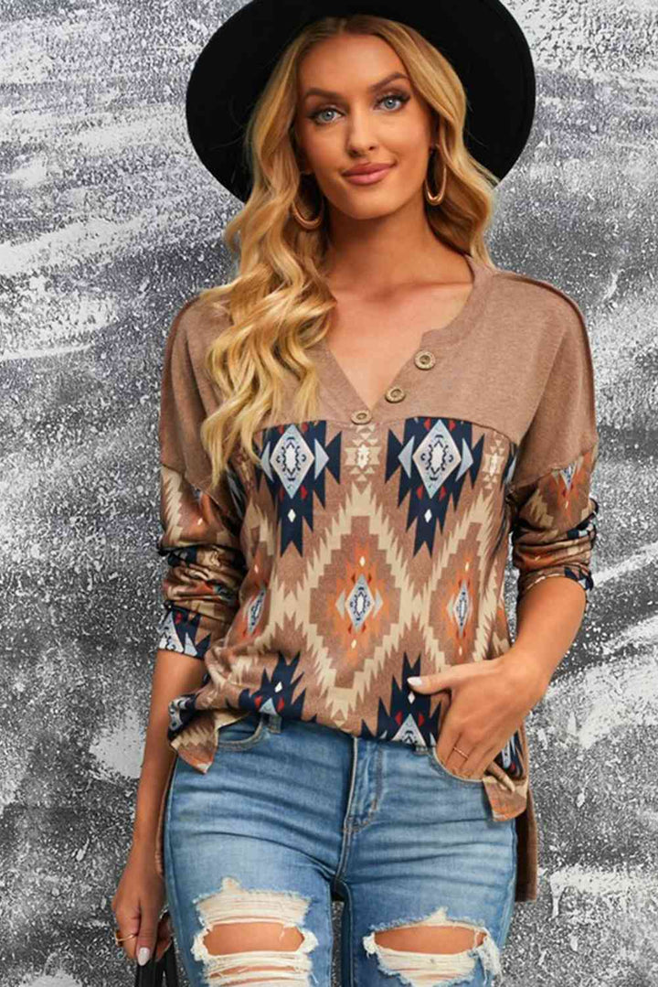 Brown Western Print Buttoned V Neck Top | 1mrk.com