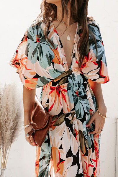 Plunge Split Printed Short Sleeve Dress | 1mrk.com