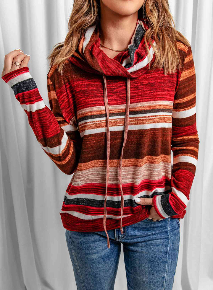 Striped Cowl Neck Tunic Sweatshirt |1mrk.com