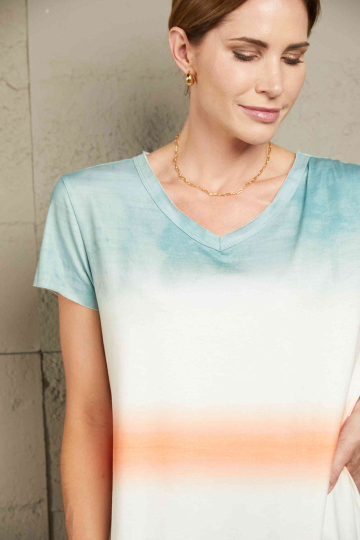 Double Take Tie-Dye V-Neck Short Sleeve Tee | 1mrk.com