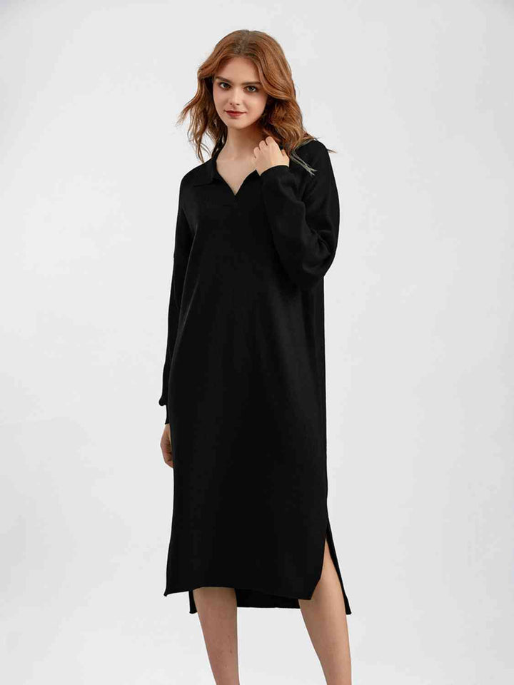 Johnny Collar Long Sleeve Slit Sweater Dress |1mrk.com