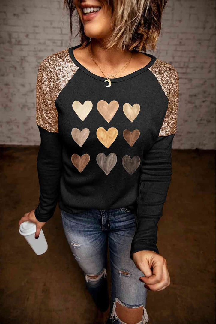 Contrast Sequin Heart Graphic Raglan Sleeve Top | 1mrk.com