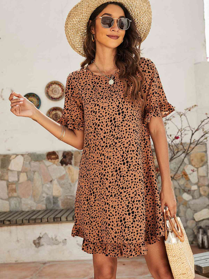 Printed Flounce Sleeve Ruffle Hem Dress |1mrk.com