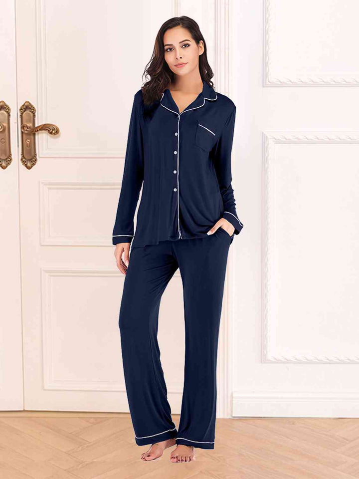 Collared Neck Long Sleeve Loungewear Set with Pockets | 1mrk.com