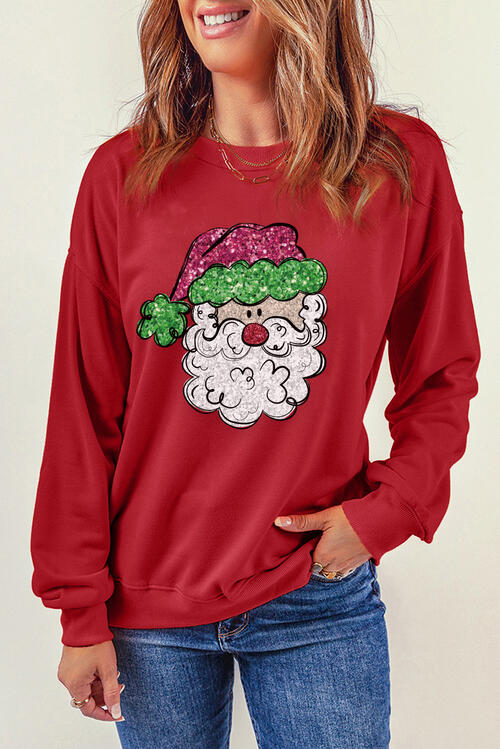 Santa Graphic Round Neck Long Sleeve Sweatshirt |1mrk.com