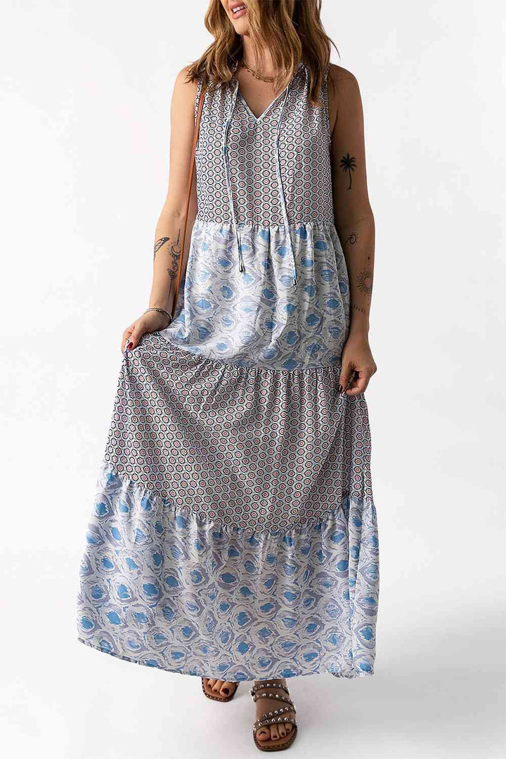 Mixed Print Tie-Neck Sleeveless Maxi Dress |1mrk.com